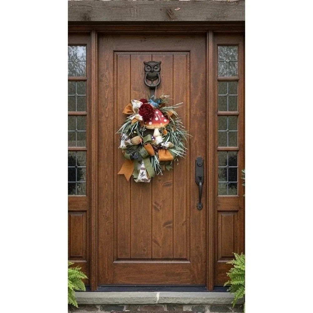 Whimsical Mushroom Wreath Front Door Enchanted Woodland Cottagecore‎ Bluebird